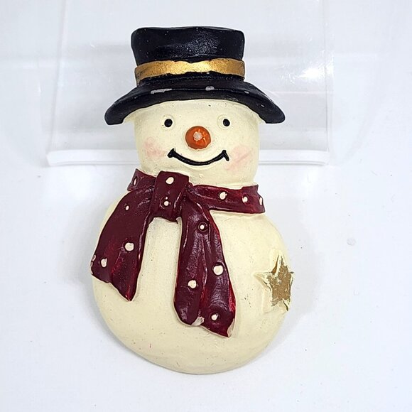 Vintage Resin Black Hat Red Scarf SNOWMAN Snow Man Holiday Christmas Pin Brooch - Picture 2 of 8